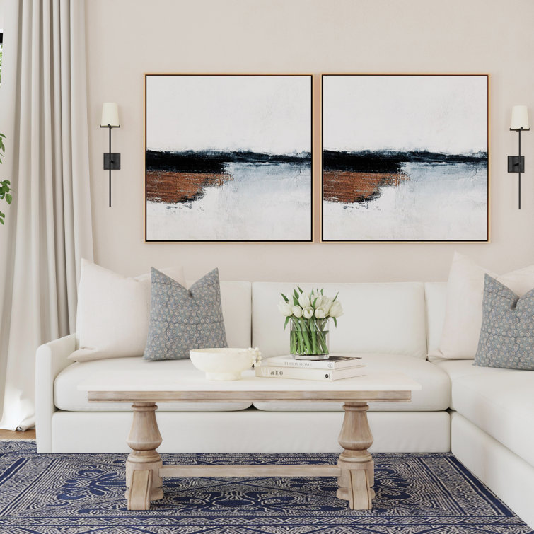Rectangular Light Brown Wood and Marble Trestle Coffee Table