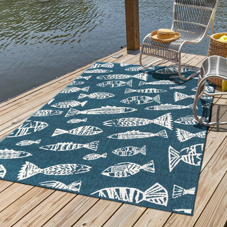 Blue and Ivory Synthetic Coastal Outdoor Rug 9' x 12'