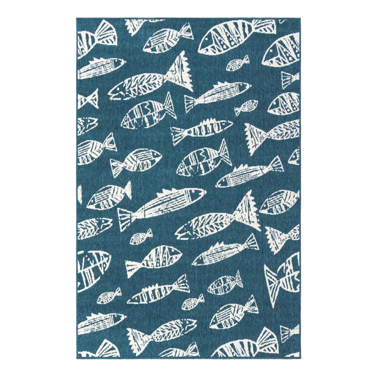 Blue and Ivory Abstract Fish Pattern Outdoor Rug