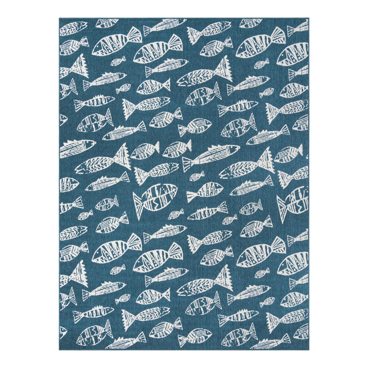 Blue and Ivory Synthetic Coastal Outdoor Rug 9' x 12'
