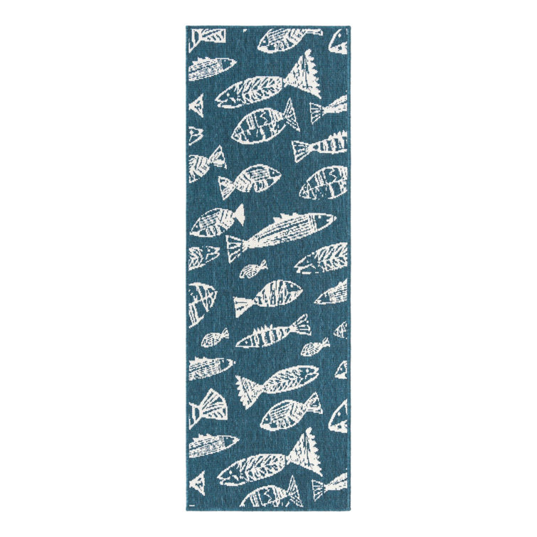 Blue and White Abstract Fish Pattern Outdoor Runner Rug