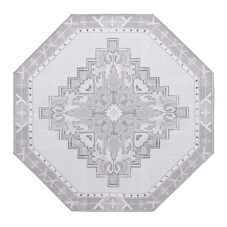 White Gray Octagon Chenille Flat Woven Area Rug