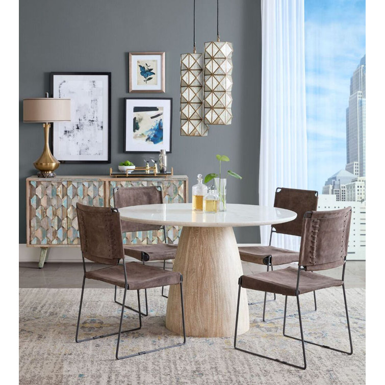 48" Round Black Marble Dining Table with Whitewashed Wood Pedestal Base