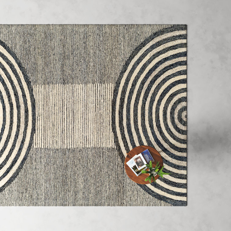 Hand-Tufted Black and Beige Wool Geometric Area Rug 8' x 10'