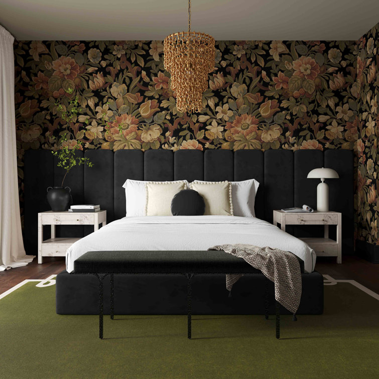 Black Velvet Queen Upholstered Bed with Adjustable Headboard