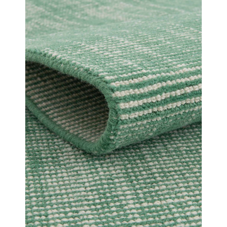 Hand-Knotted Green and Ivory Wool Runner Rug