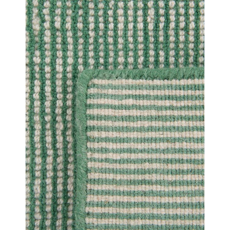 Hand-Knotted Green and Ivory Wool Runner Rug