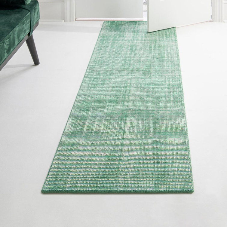 Hand-Knotted Green and Ivory Wool Runner Rug