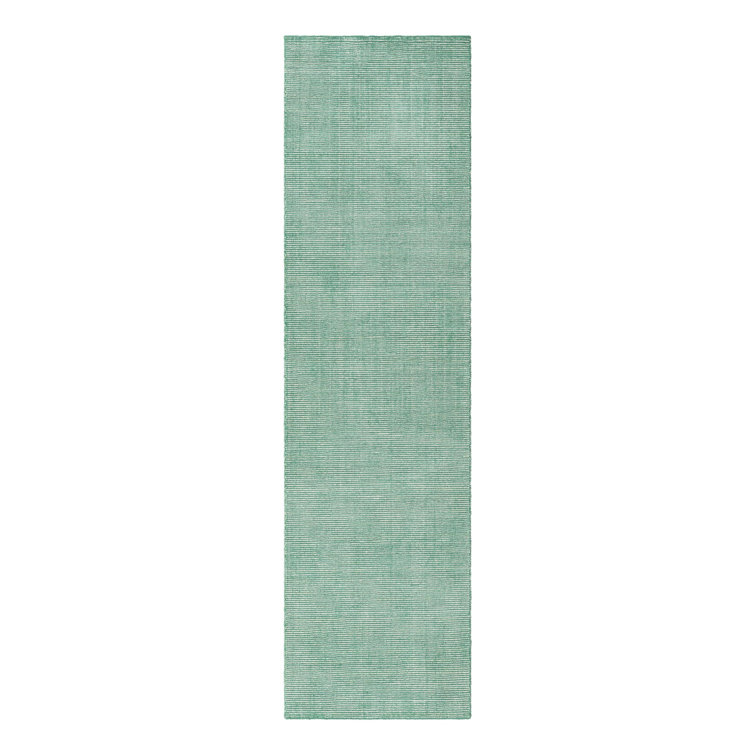 Hand-Knotted Green and Ivory Wool Runner Rug