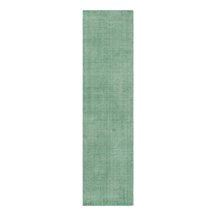 Hand-Knotted Green and Ivory Wool Runner Rug