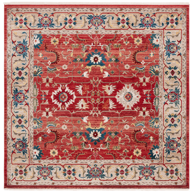 Hand-Knotted Red Floral Synthetic Square Rug 79" x 79"