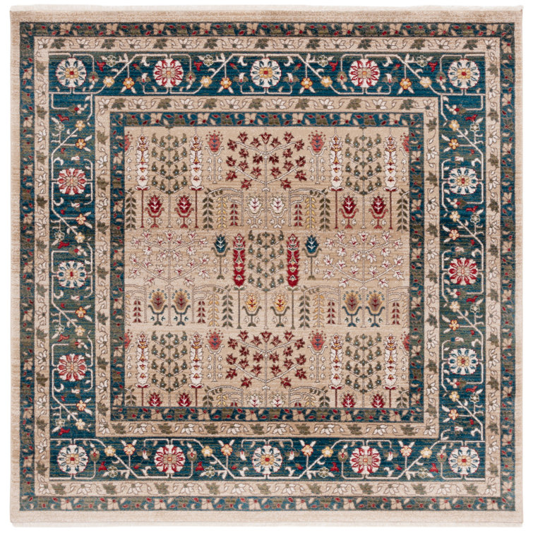 Square Beige and Navy Hand-Knotted Wool Oriental Rug