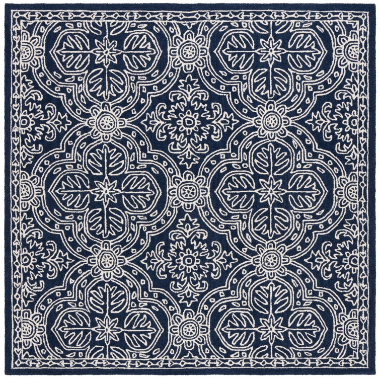 Navy and Ivory Hand-Tufted Wool Square Rug