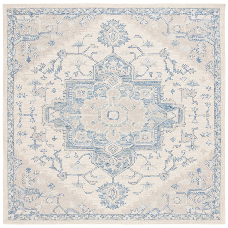 Ivory and Blue Handmade Wool Medallion Square Rug