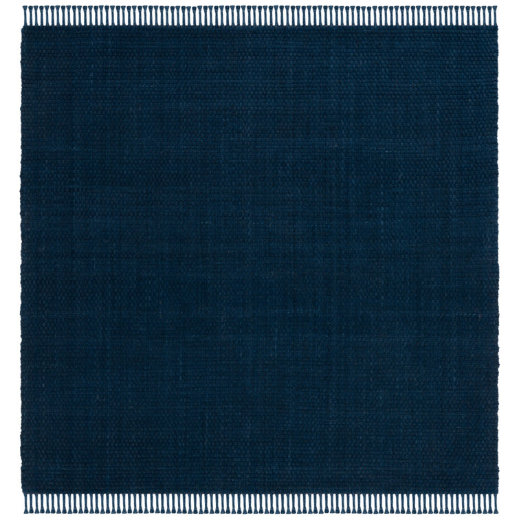 Navy Square Hand-Woven Wool Area Rug with Braided Fringes