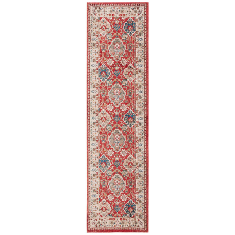 Elegant Red and Beige Floral Synthetic Runner Rug, 2'2" x 8'