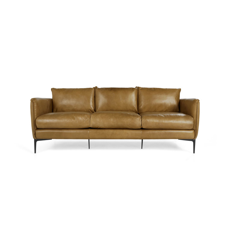 Waldorf Tan Top-Grain Leather Stationary Sofa with Tapered Wood Legs
