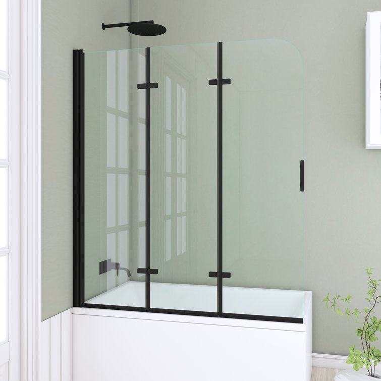 51'' Black Aluminum Frameless Folding Tub Door with Clear Tempered Glass