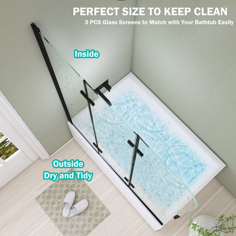51'' Black Aluminum Frameless Folding Tub Door with Clear Tempered Glass