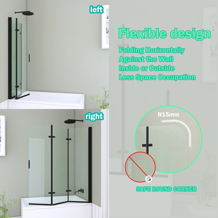 51'' Black Aluminum Frameless Folding Tub Door with Clear Tempered Glass