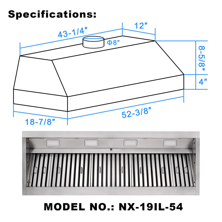 54" Stainless Steel Insert Range Hood with LED Lights and Charcoal Filter