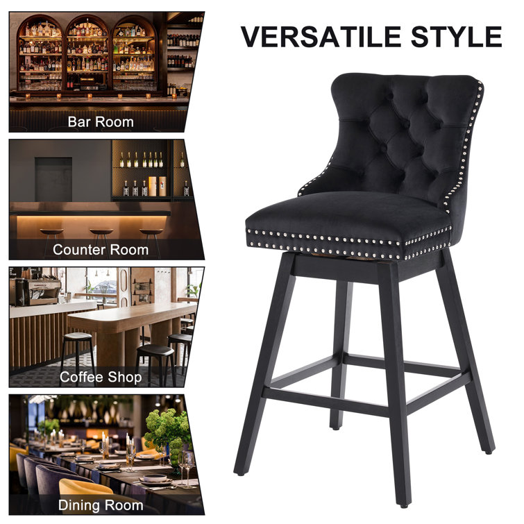 Black Velvet Upholstered Swivel Counter Height Stools with Wood Legs, Set of 4