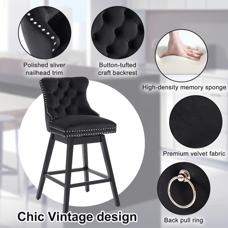 Black Velvet Upholstered Swivel Counter Height Stools with Wood Legs, Set of 4
