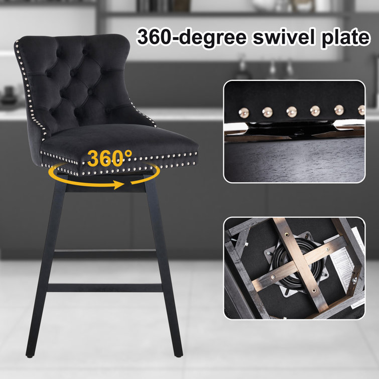 Black Velvet Upholstered Swivel Counter Height Stools with Wood Legs, Set of 4