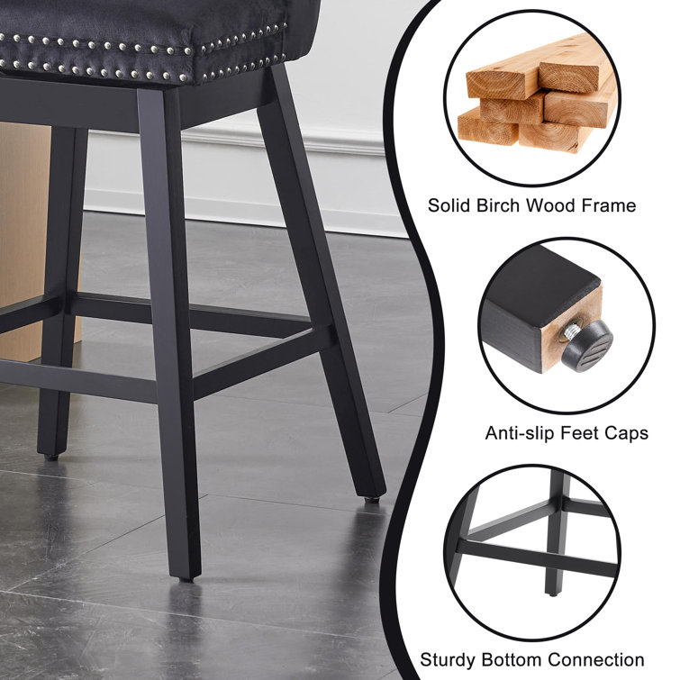 Black Velvet Upholstered Swivel Counter Height Stools with Wood Legs, Set of 4