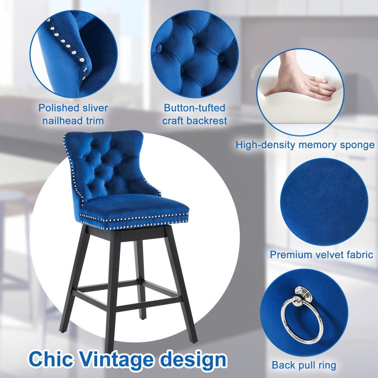 Blue Velvet Upholstered Swivel Counter Stools with Solid Wood Legs, Set of 2