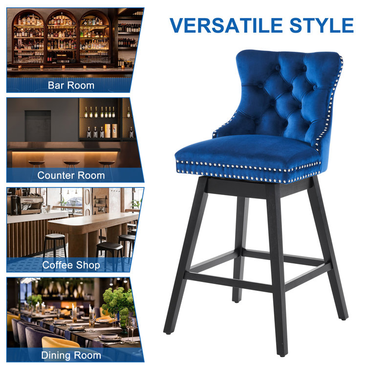 Blue Velvet Upholstered Swivel Counter Stools with Solid Wood Legs, Set of 2