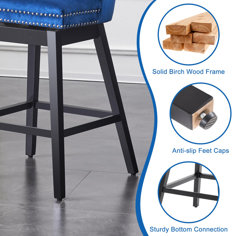 Blue Velvet Upholstered Swivel Counter Stools with Solid Wood Legs, Set of 2