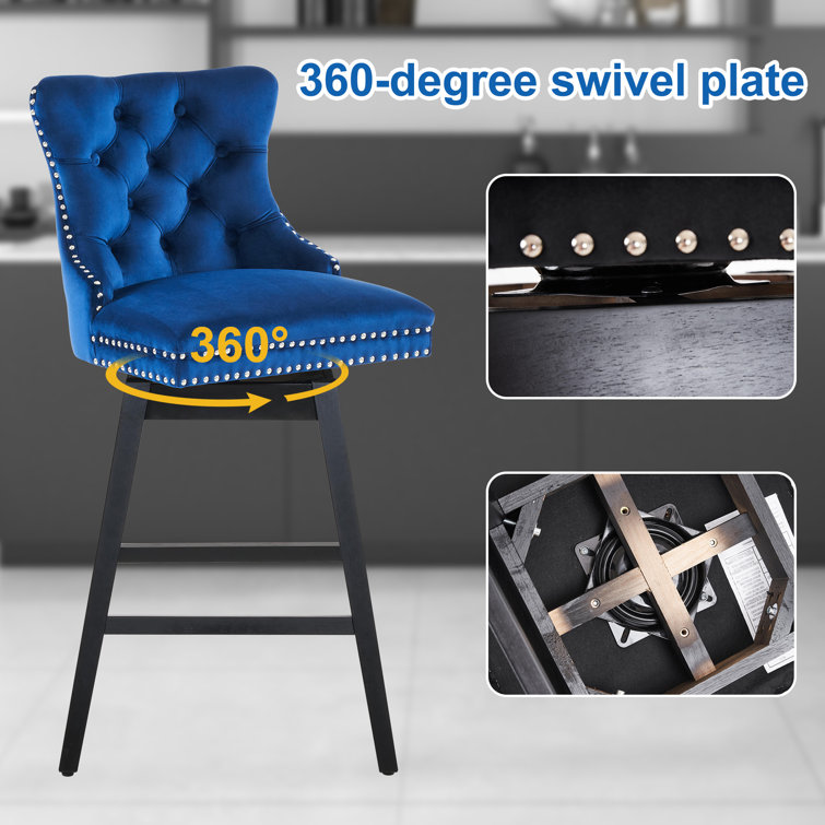 Blue Velvet Upholstered Swivel Counter Stools with Solid Wood Legs, Set of 2