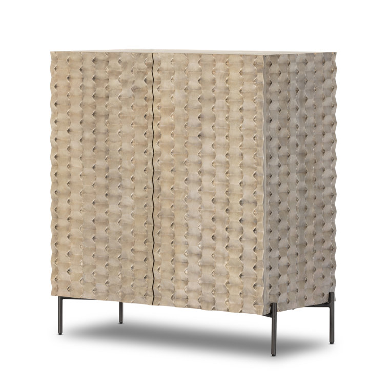 Stonewash Gray Mango Wood Carved Bar Cabinet