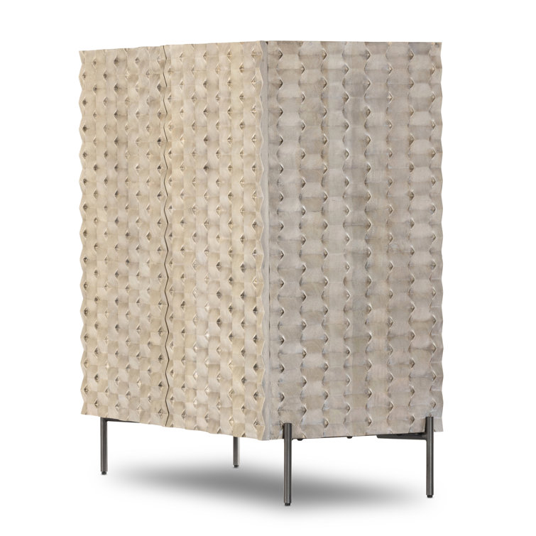 Stonewash Gray Mango Wood Carved Bar Cabinet