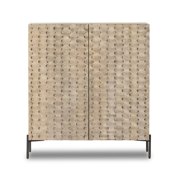 Stonewash Gray Mango Wood Carved Bar Cabinet