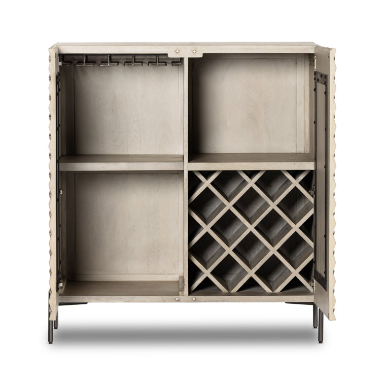 Stonewash Gray Mango Wood Carved Bar Cabinet