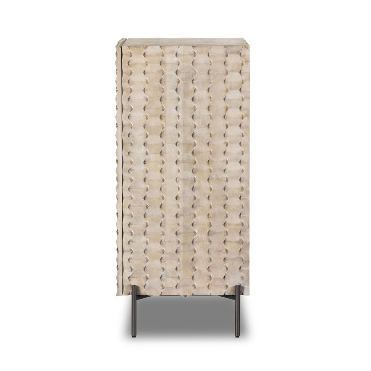 Stonewash Gray Mango Wood Carved Bar Cabinet