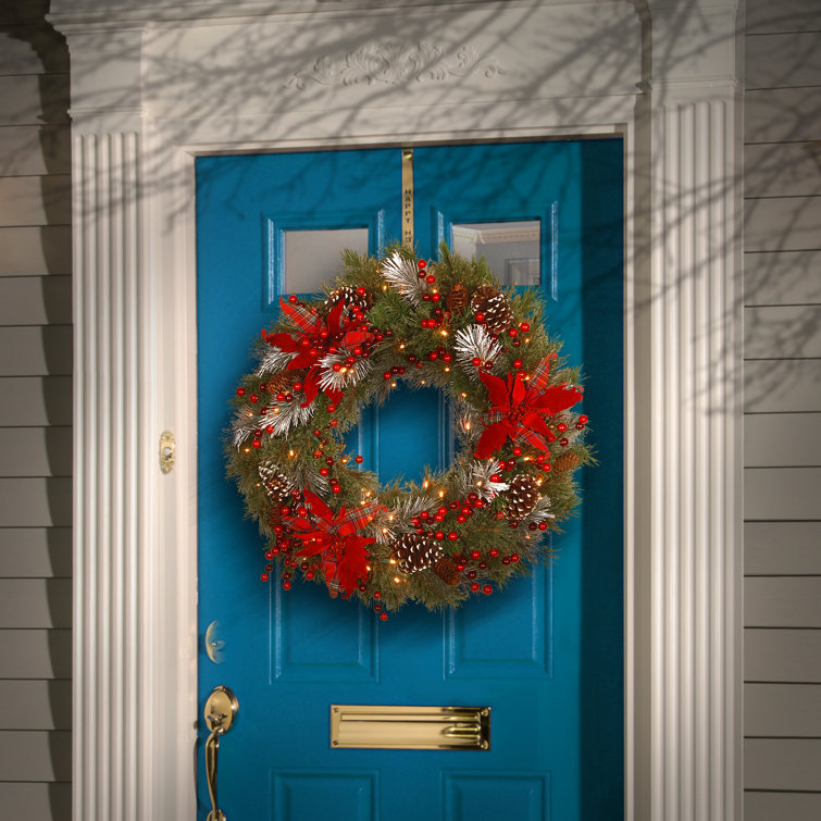 30" Red Tartan Plaid Christmas Wreath with LED Lights