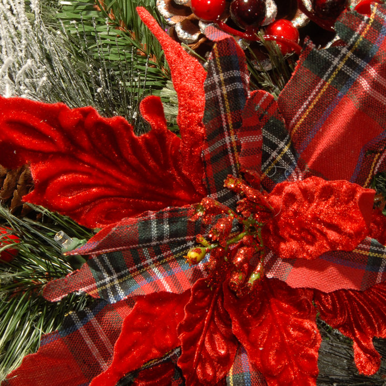 30" Red Tartan Plaid Christmas Wreath with LED Lights