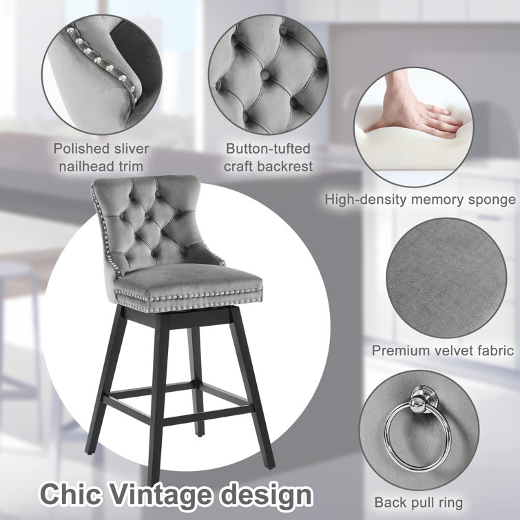 Gray Velvet Upholstered Swivel Bar Stools with Wood Legs, Set of 2