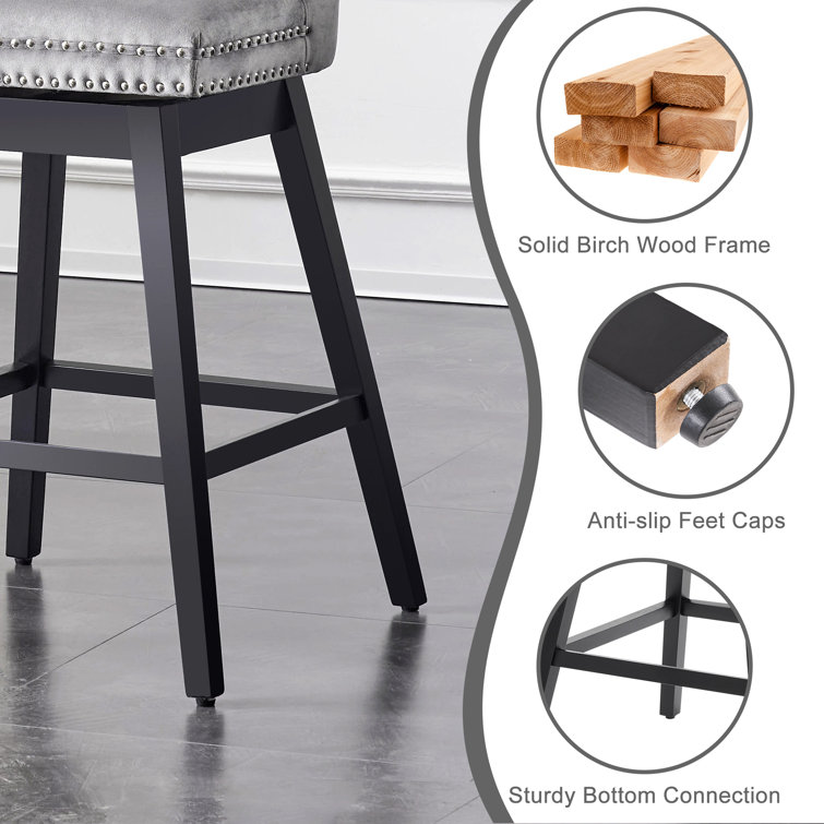 Gray Velvet Upholstered Swivel Bar Stools with Wood Legs, Set of 2