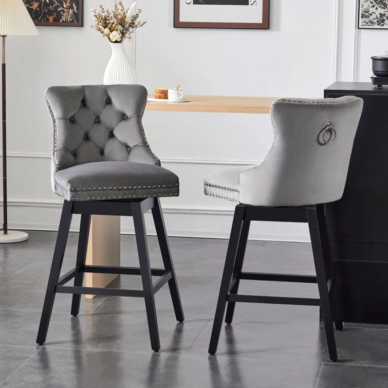 Gray Velvet Upholstered Swivel Bar Stools with Wood Legs, Set of 2
