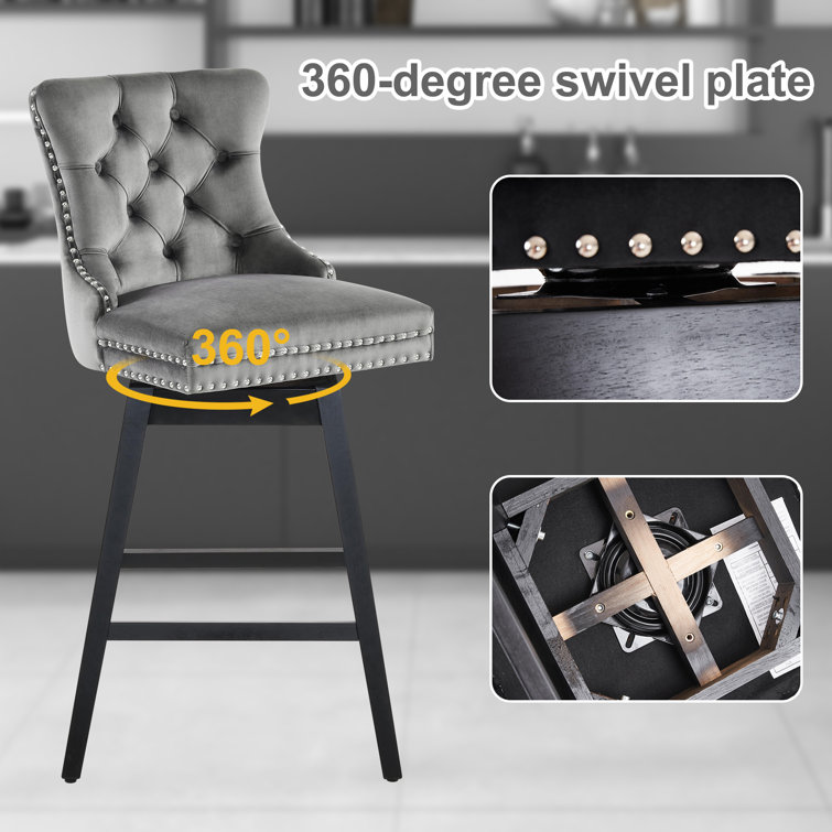 Gray Velvet Upholstered Swivel Bar Stools with Wood Legs, Set of 2