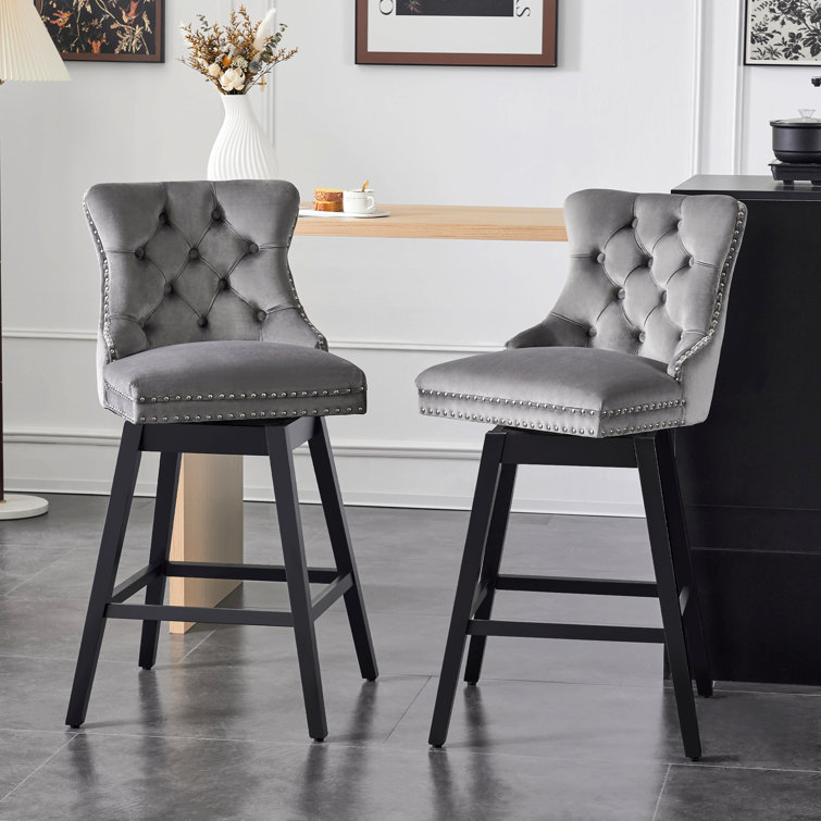 Gray Velvet Upholstered Swivel Bar Stools with Wood Legs, Set of 2