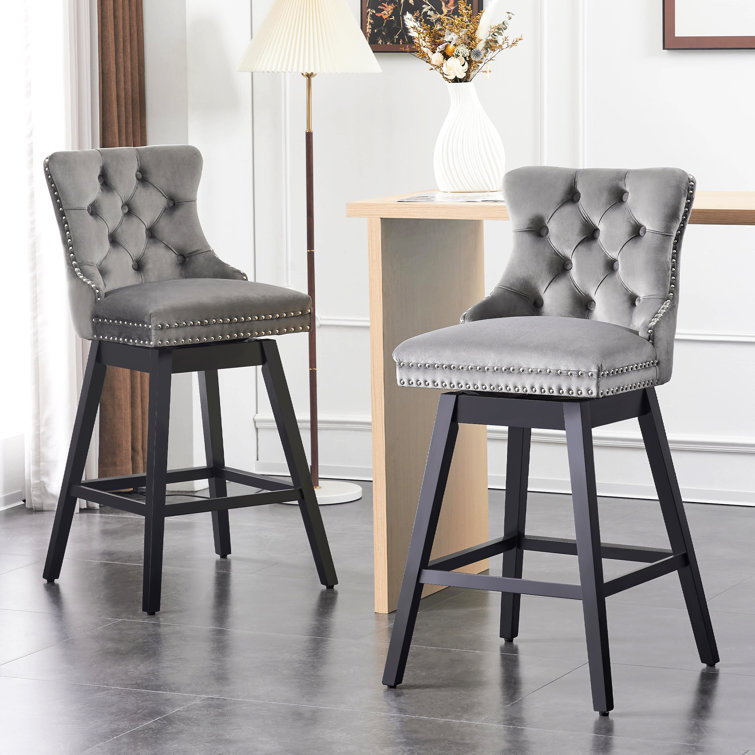 Gray Velvet Upholstered Swivel Bar Stools with Wood Legs, Set of 2