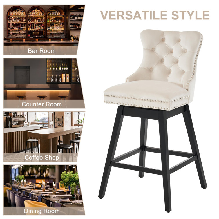 Beige Velvet Upholstered Swivel Counter Stools with Wood Legs, Set of 4