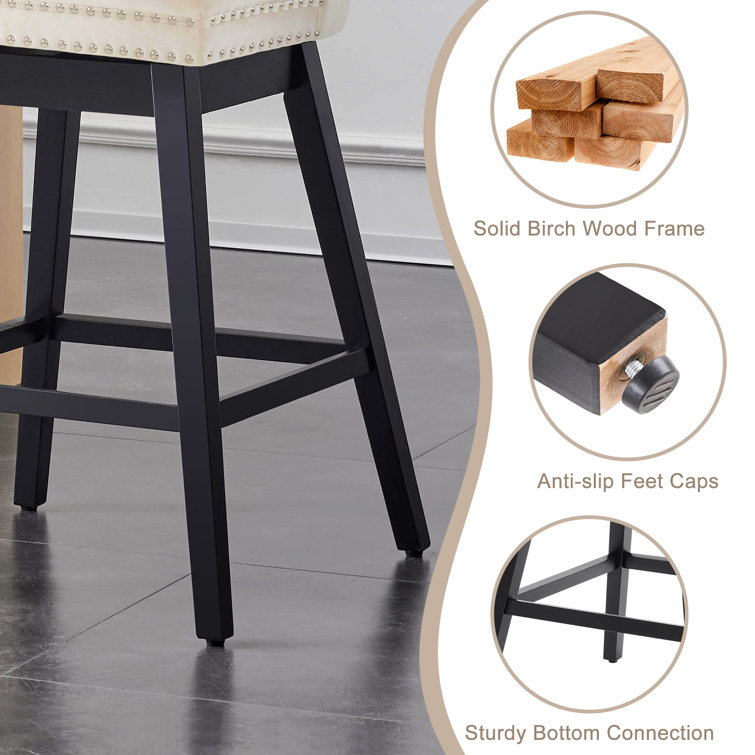 Beige Velvet Upholstered Swivel Counter Stools with Wood Legs, Set of 4