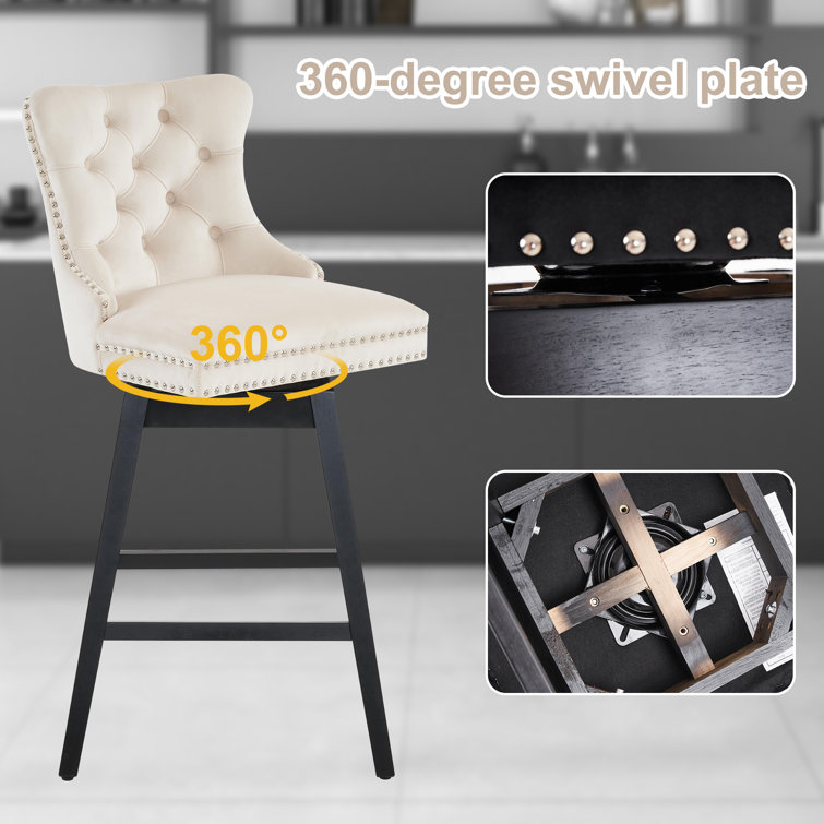 Beige Velvet Upholstered Swivel Counter Stools with Wood Legs, Set of 4