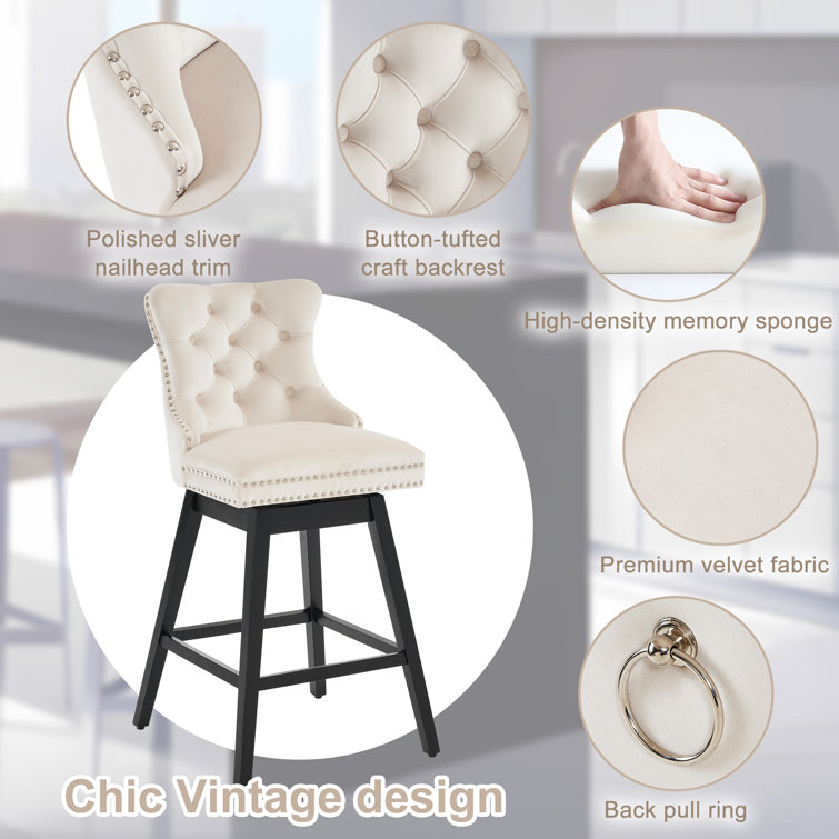Beige Velvet Upholstered Swivel Counter Stools with Wood Legs, Set of 4